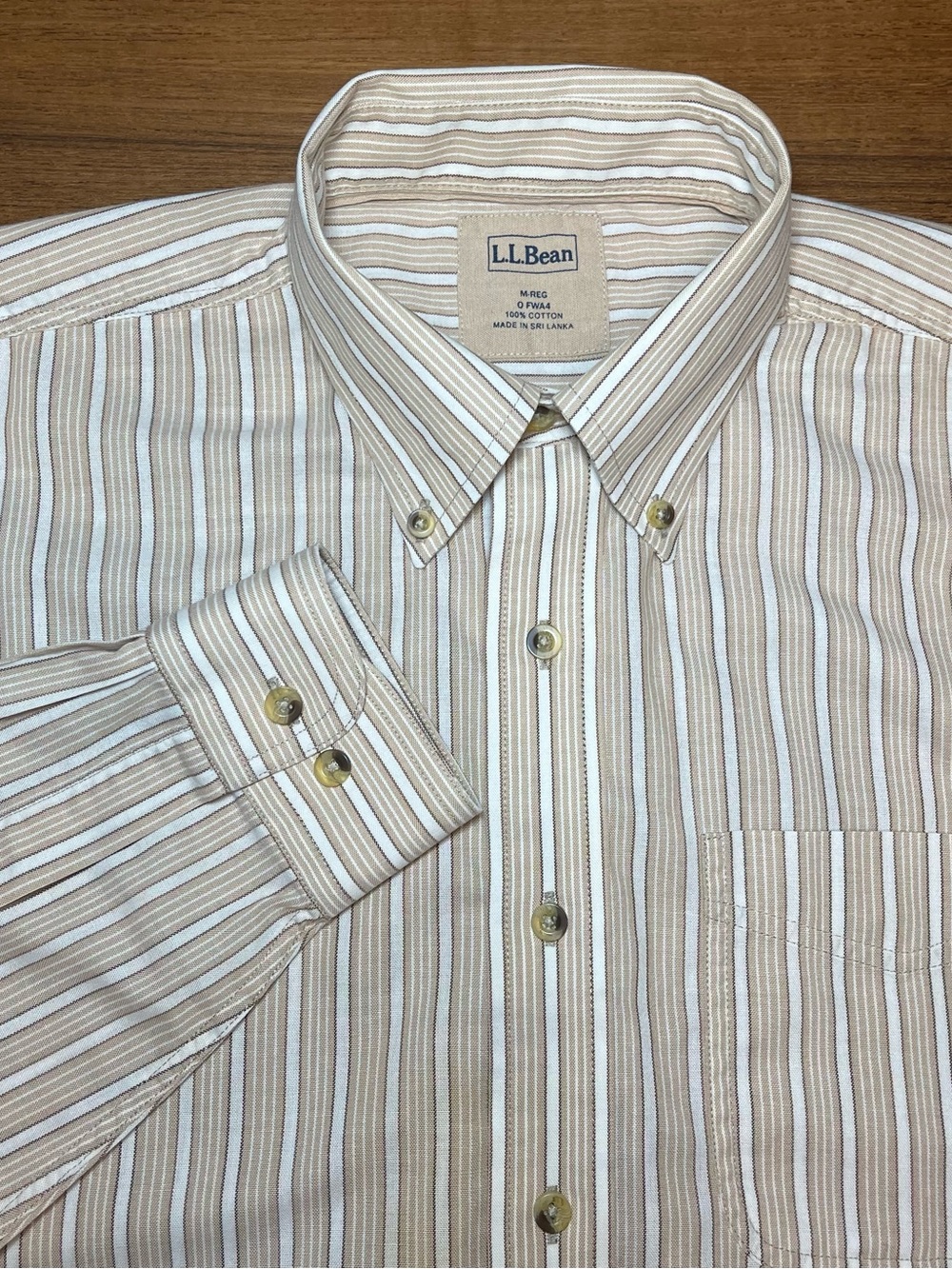 L.L.Bean Men’s Size M- Reg Beige/White Striped Cotton Oxford Button-Down Shirt